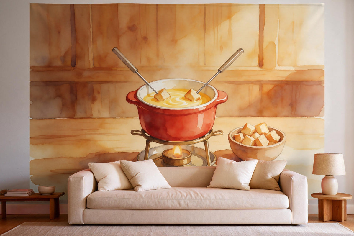 Wandtuch XXL Käsefondue im Caquelon als Wanddeko im hellen Wohnzimmer über dem Sofa