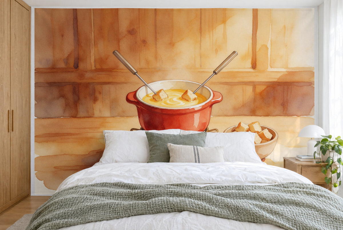 XXL printed fabric: red caquelon with forks in the centre, bread cubes at right, filling the wall behind the bed