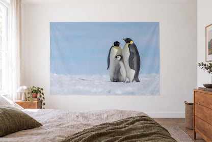 Wandtuch Kaiserpinguine mit Küken im hellen Schlafzimmer gegenüber dem Bett, rechts eine Holzkommode – Weiss und Blau