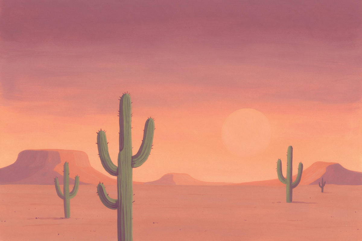 Cacti in front of mesas and a low sun in a wide desert, tapestry printed on fabric – peach and plum