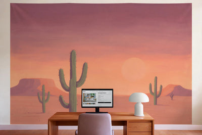 Wall decor in a home office behind the desk: printed fabric tapestry Cacti in the Evening Desert in Gouache
