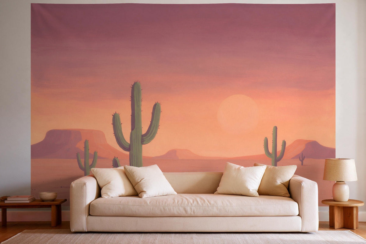 XXL wall tapestry Cacti in the Evening Desert in Gouache as wall decor in a bright living room above the sofa