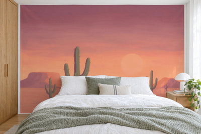 Large wall hanging Cacti in the Evening Desert in Gouache in the bedroom, wall-filling behind the bed – printed tapestry