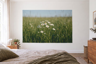 Wandtuch Kamillenblüten auf der Wiese im hellen Schlafzimmer gegenüber dem Bett, rechts eine Holzkommode – Weiss und Grün