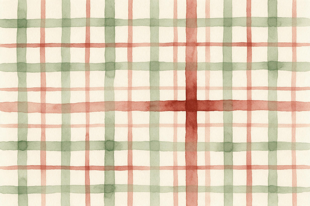Gemaltes Karo in Salbeigrün und Rostrot, breites Kreuz rechts der Mitte, als Wandtuch, auf Stoff gedruckt – Grün und Rot