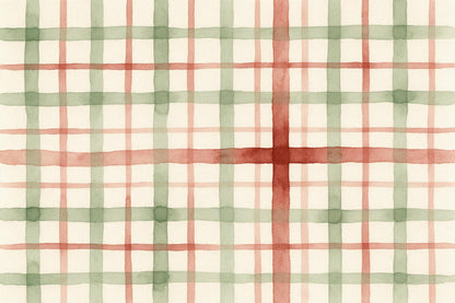 Gemaltes Karo in Salbeigrün und Rostrot, breites Kreuz rechts der Mitte, als Wandtuch, auf Stoff gedruckt – Grün und Rot