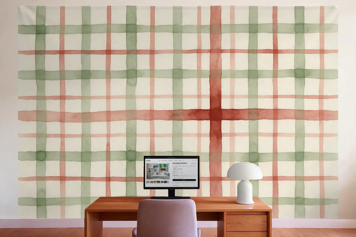 XXL wall tapestry Painted Plaid in Sage and Rust as wall decor in a home office behind the desk