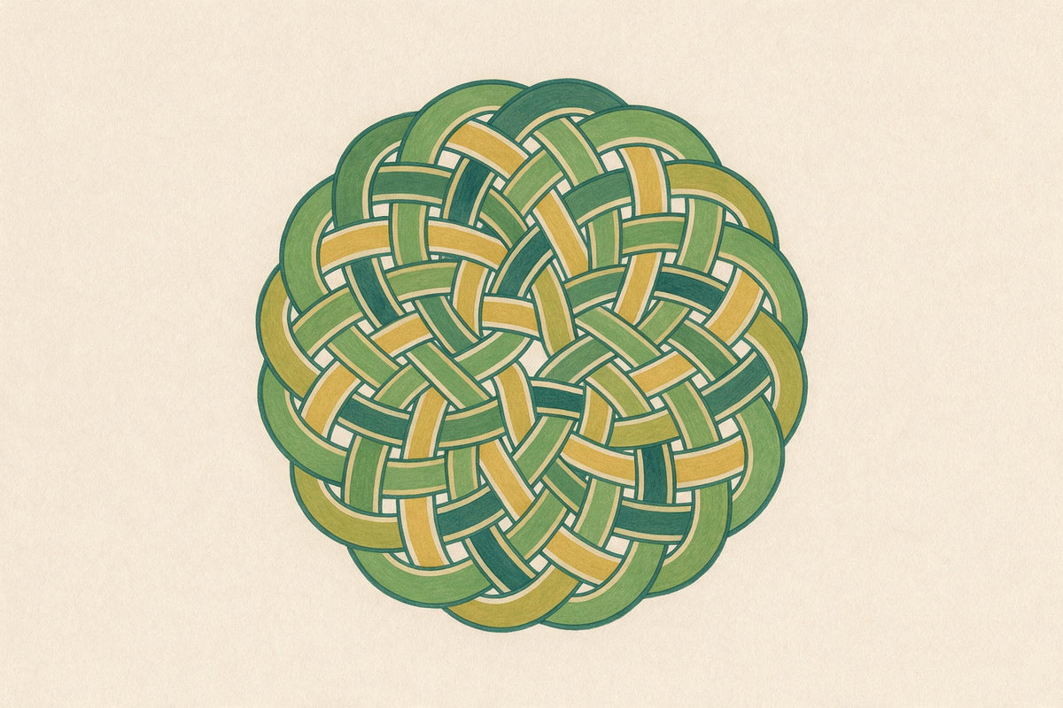 Keltischer Knoten aus verschlungenen Bändern mittig auf hellem Leinengrund, als Wandtuch, auf Stoff gedruckt – Grün und Gelb