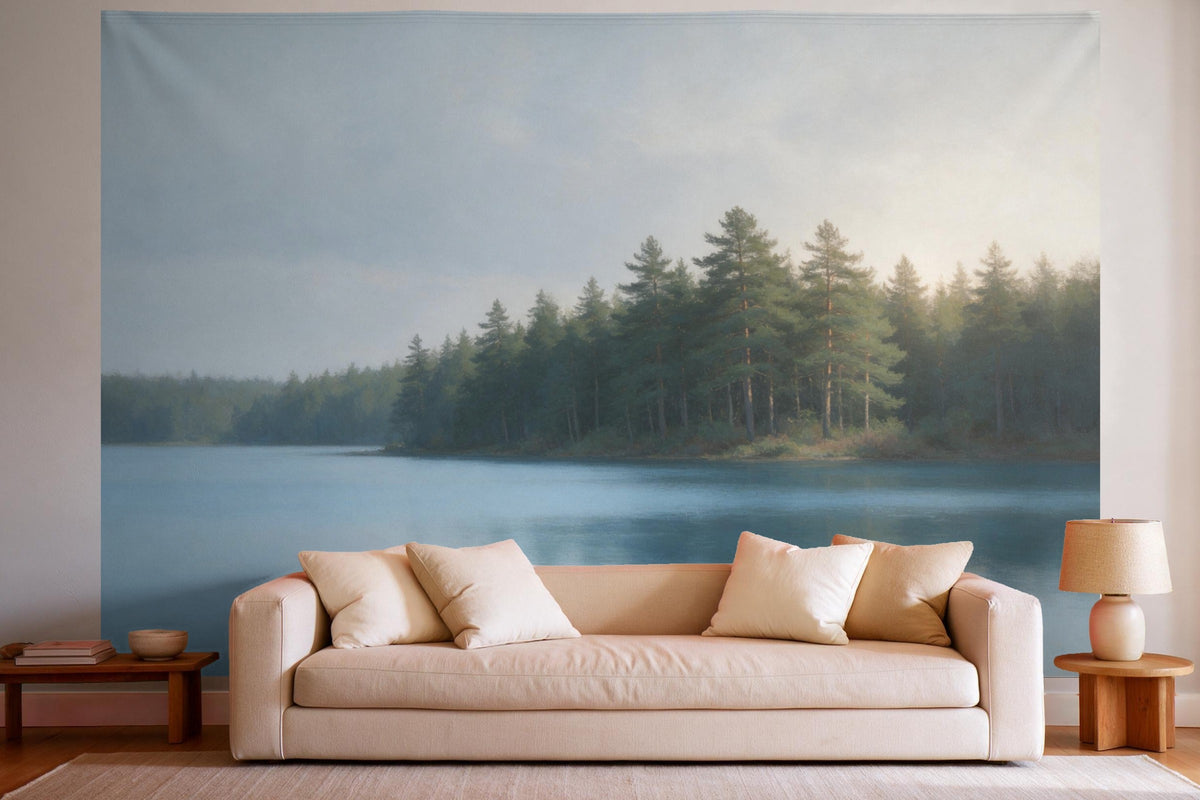 Tapiz de pared XXL Bosque de pinos a orillas del lago como decoración en un salón luminoso sobre el sofá