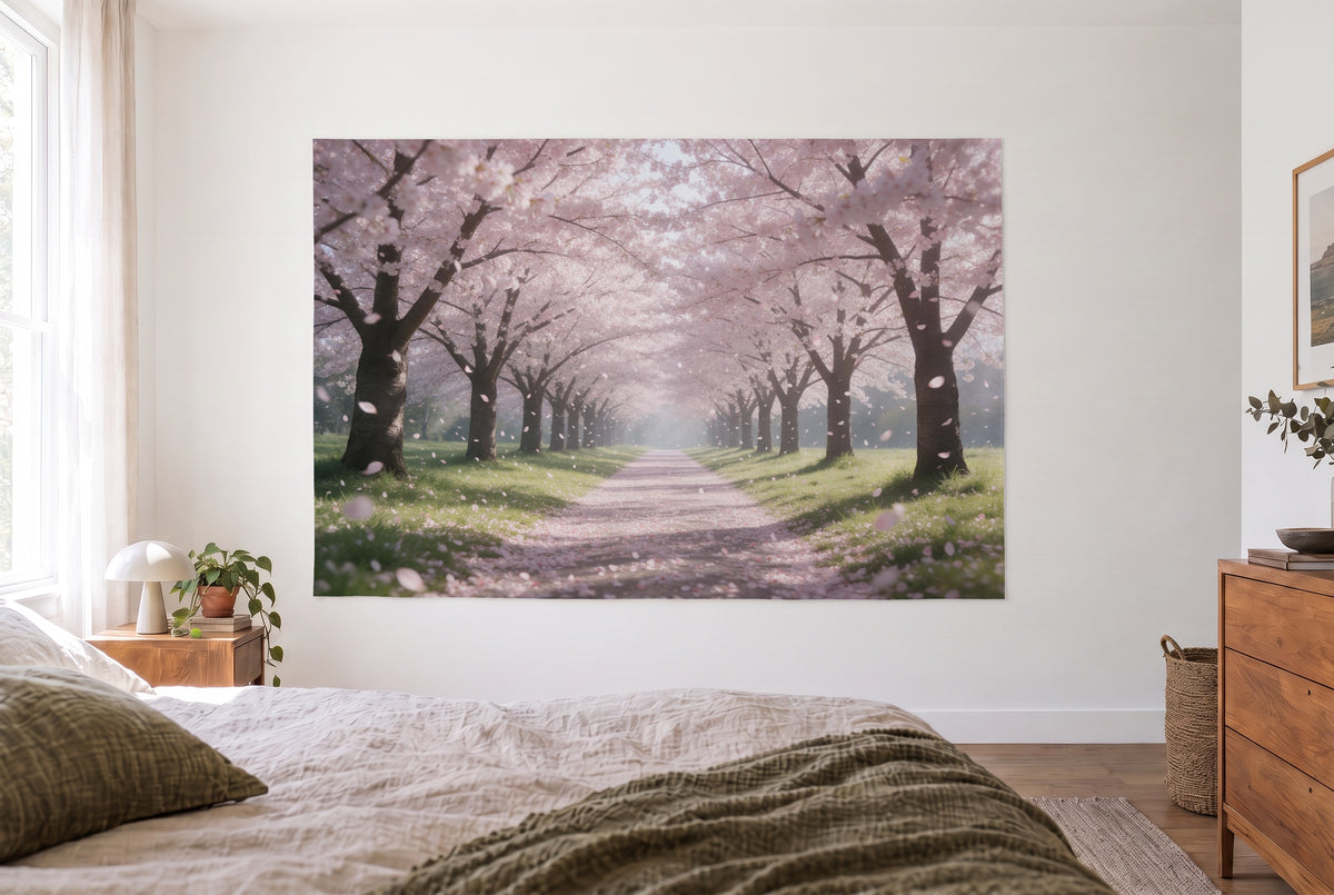Cherry Blossom Avenue in Spring tapestry in a bright bedroom opposite the bed, wooden dresser at right – pink