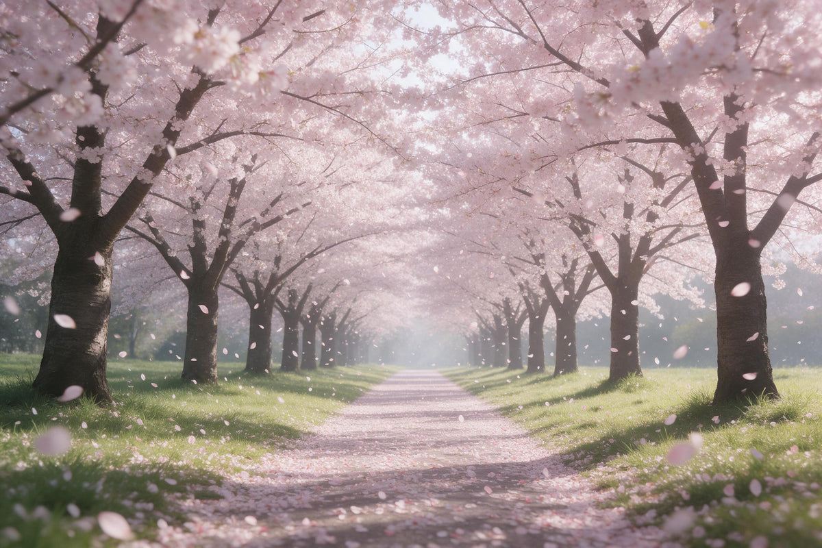 Cherry blossom avenue with a quiet path under a pink blossom canopy, petals in the grass, tapestry printed on fabric – pink