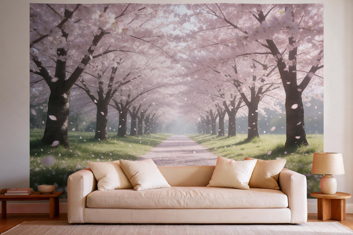 XXL wall tapestry Cherry Blossom Avenue in Spring as wall decor in a bright living room above the sofa