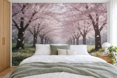 XXL printed fabric: path in the center of the pink blossom avenue, trunks left and right, filling the wall behind the bed