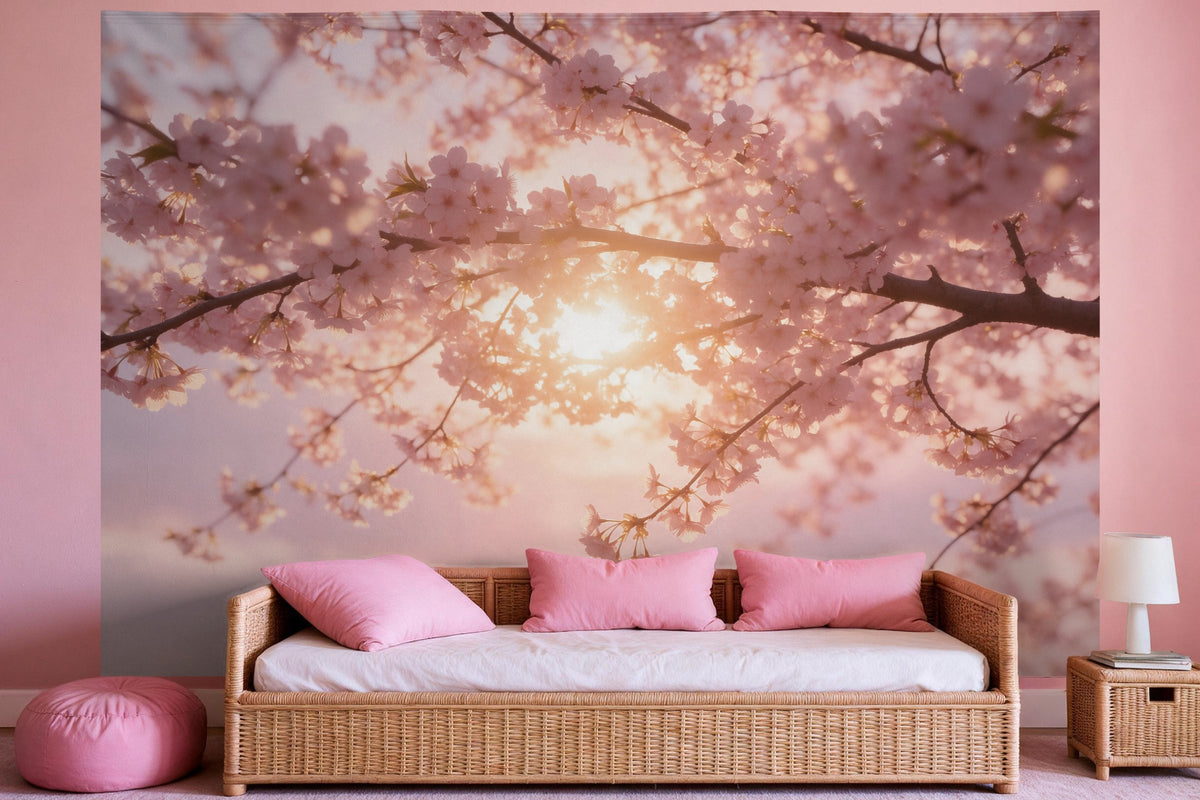 Tapiz de pared XXL Flores de cerezo a la luz de la mañana como decoración en un dormitorio de niña