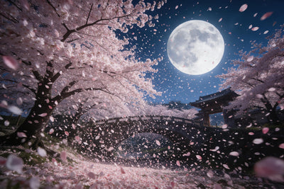 Flores de cerezo girando ante la luna llena sobre un viejo puente de piedra, tapiz impreso en tela – rosa y azul