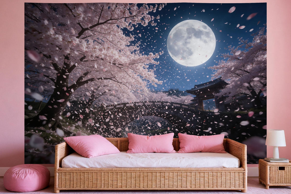 Decoración de pared en un dormitorio de niña: tapiz de tela Tormenta de flores de cerezo bajo la luna llena