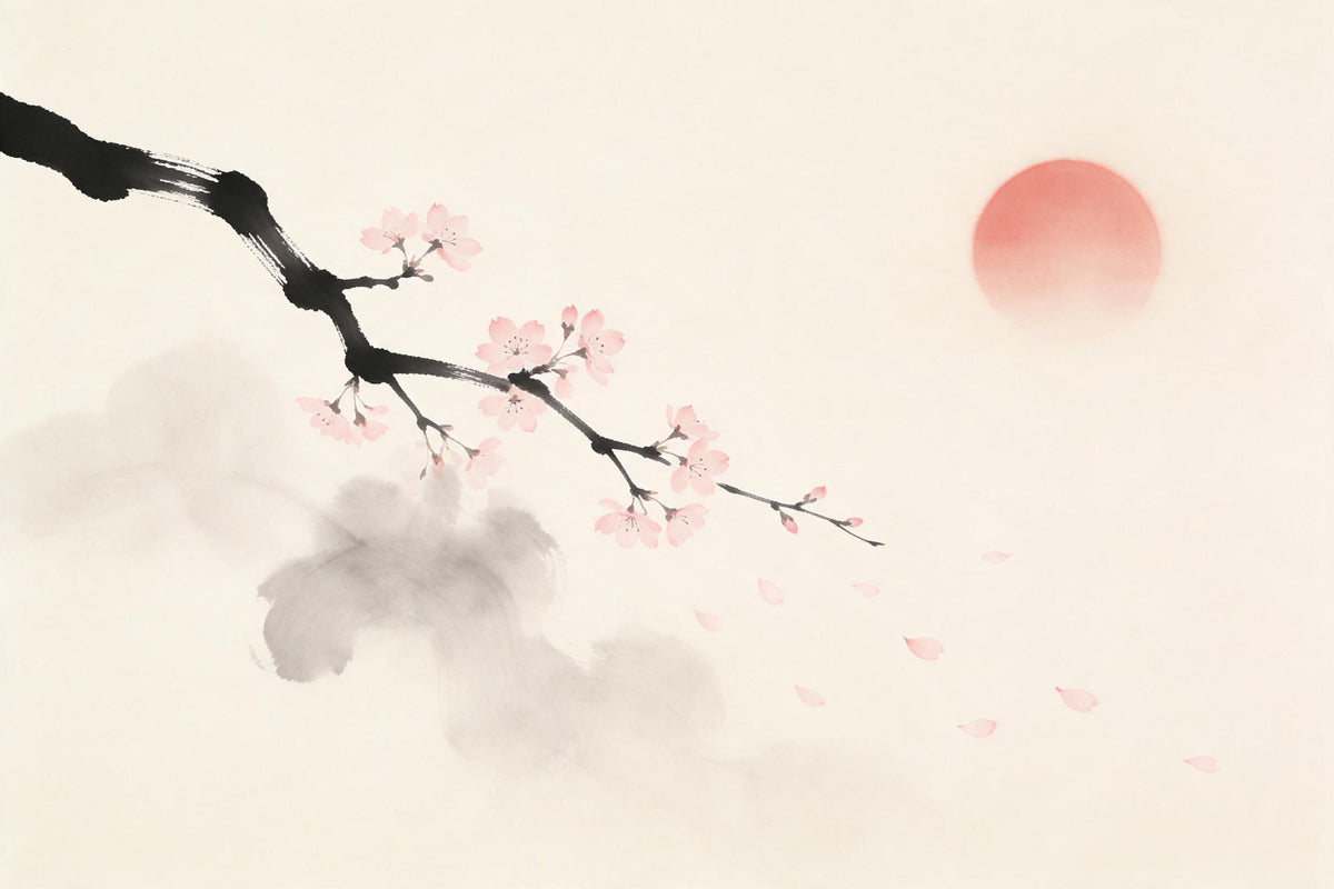 Cherry blossom branch in black ink from the left, a pale reddish sun at right, tapestry printed on fabric – pink