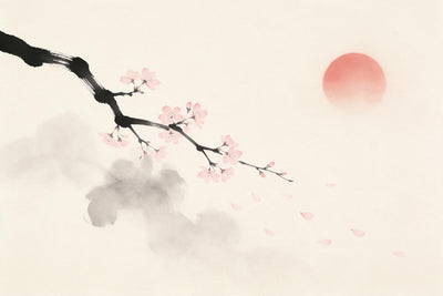 Cherry blossom branch in black ink from the left, a pale reddish sun at right, tapestry printed on fabric – pink