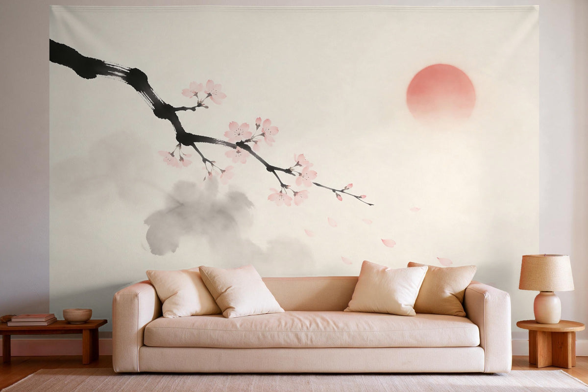 Déco murale dans un salon lumineux au-dessus du canapé : tenture murale Branche de cerisier en fleurs à l'encre, imprimée sur tissu