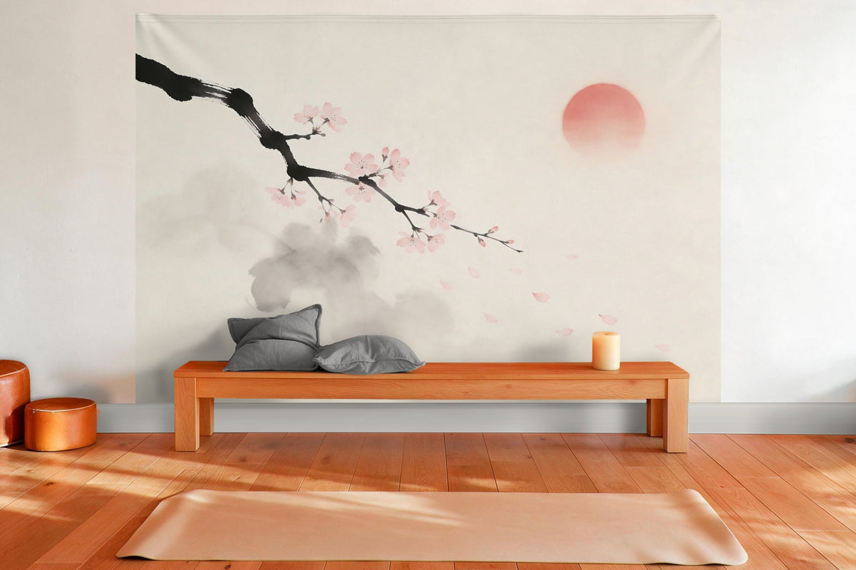 Tenture murale XXL Branche de cerisier en fleurs à l'encre en déco murale dans une salle de yoga