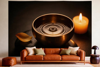 Déco murale dans un salon chaleureux au-dessus du canapé en cuir : tenture murale Bol chantant avec goutte d’eau, imprimée sur tissu