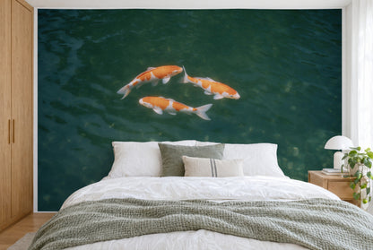 XXL printed fabric: three koi carp at the top slightly left of centre, green water, filling the wall behind the bed