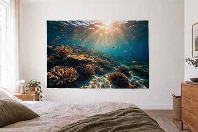 Coral reef at dawn tapestry in a bright bedroom opposite the bed, wooden dresser on the right – turquoise