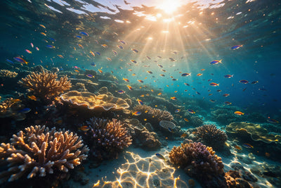 Coral reef with sun rays, caustics and colorful fish in the morning light, tapestry printed on fabric – turquoise