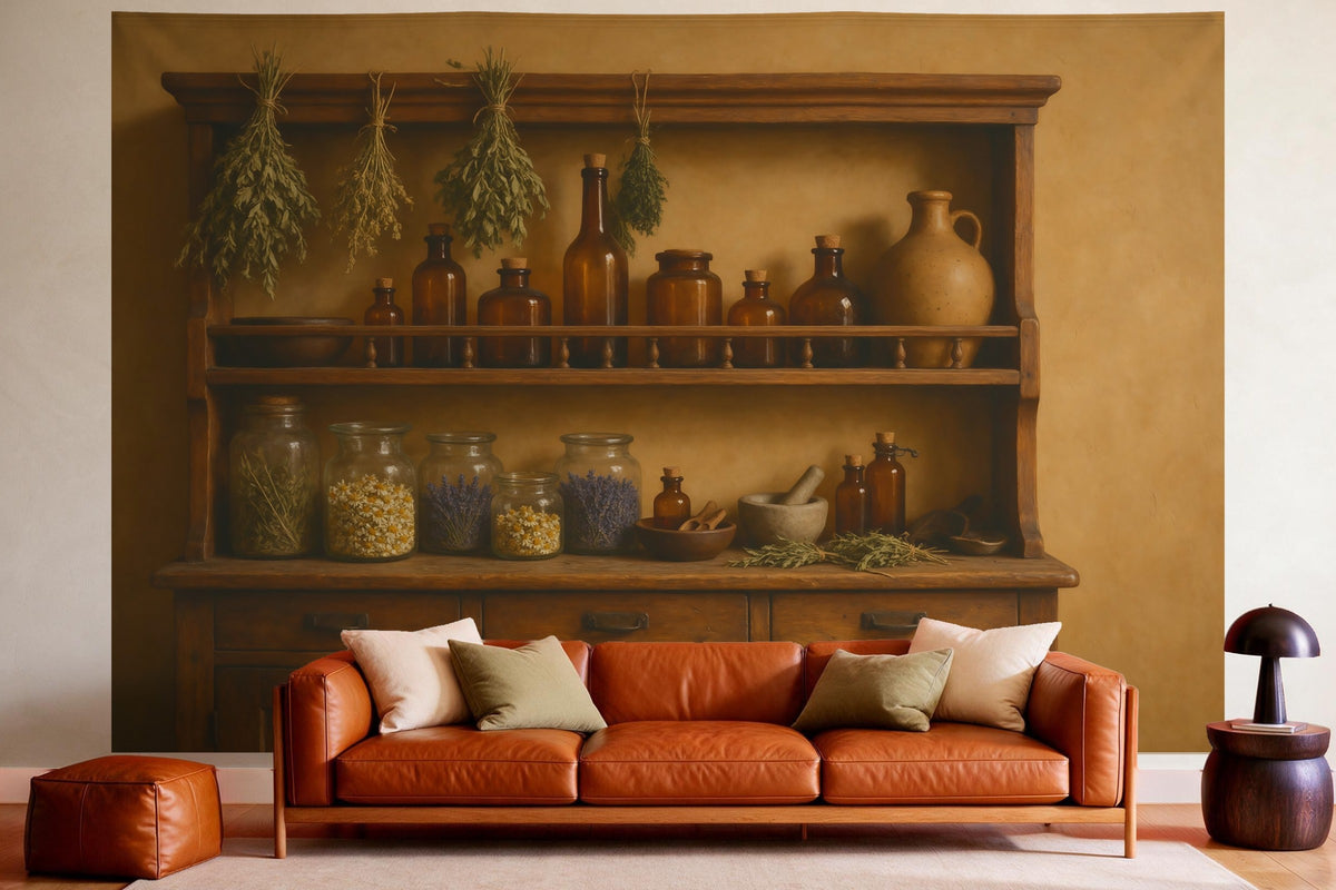 Tapiz de pared XXL Botica de hierbas con frascos ámbar como decoración en un salón acogedor sobre el sofá de cuero
