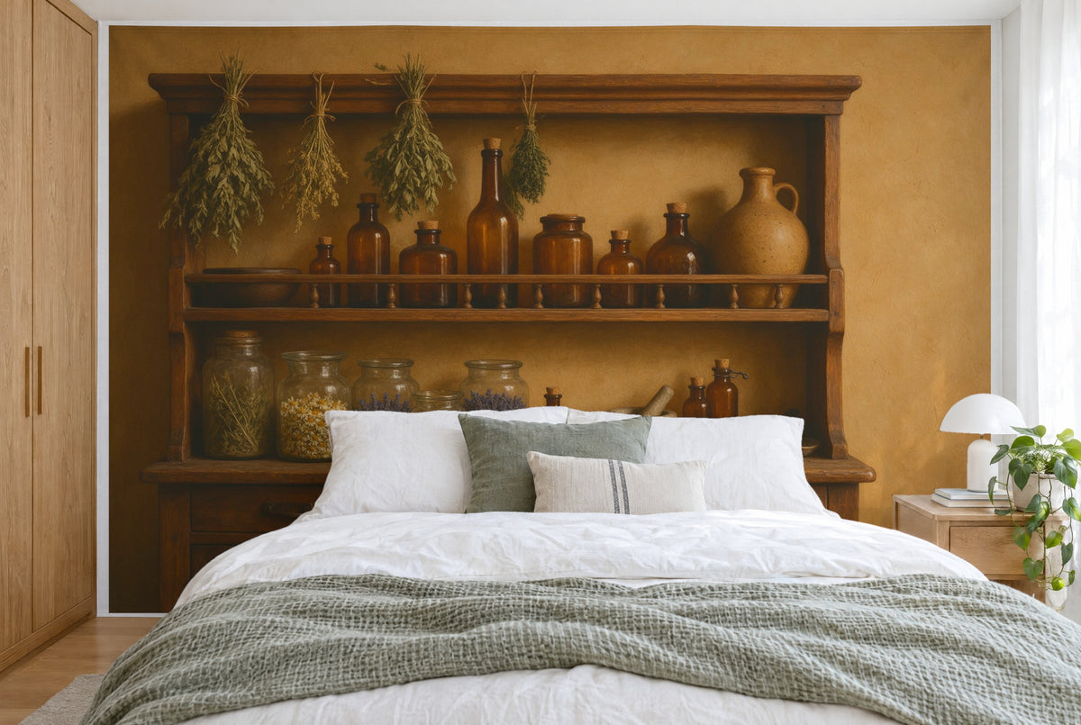 Tela impresa XXL: estantería de madera con frascos ámbar y manojos de hierbas arriba, toda la pared tras la cama