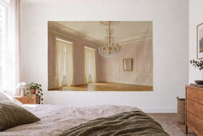 Crystal chandelier salon tapestry in the bright bedroom opposite the bed, wood dresser on the right – gold and pink
