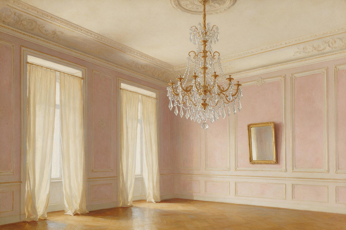 Crystal chandelier with gold arms in a pink salon with tall windows, tapestry printed on fabric – gold and pink