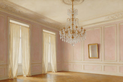Crystal chandelier with gold arms in a pink salon with tall windows, tapestry printed on fabric – gold and pink