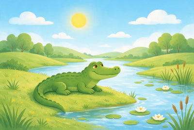 Crocodile sympathique sur la rive verte d'une rivière bleue avec nénuphars, tenture murale imprimée sur tissu – vert et bleu