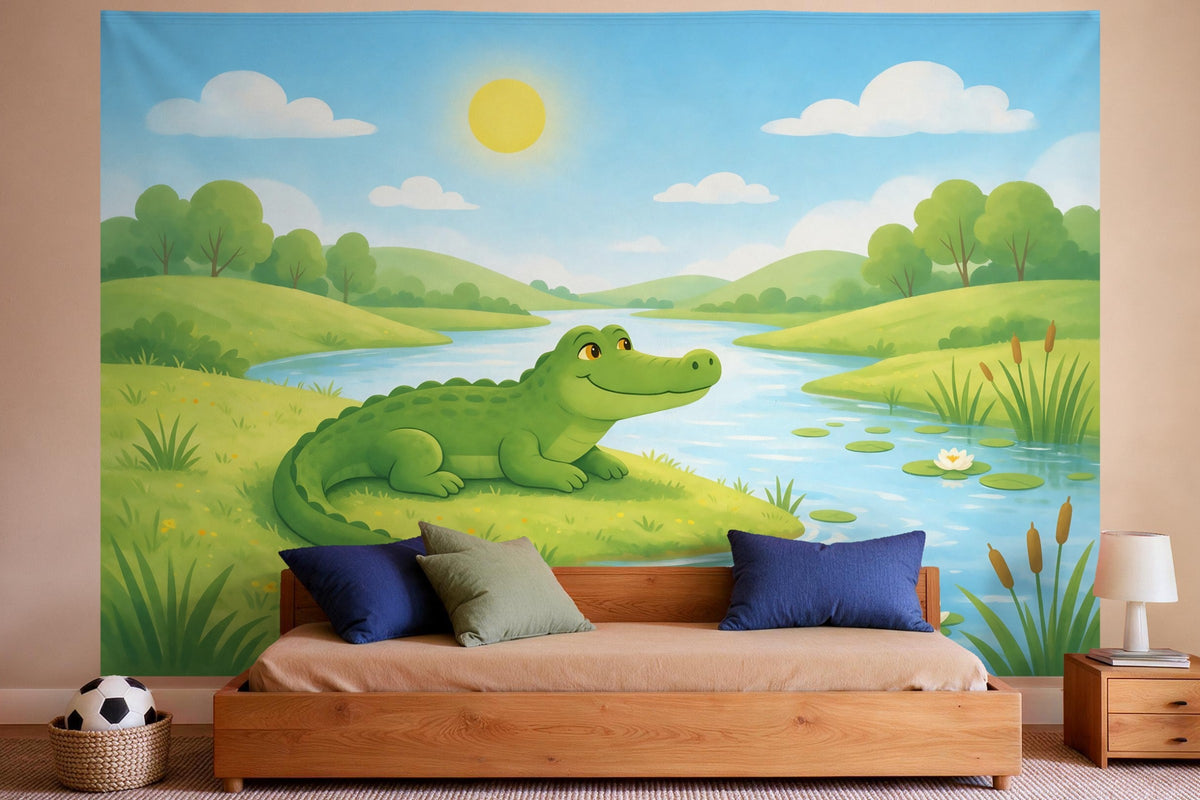Decoración de pared en un dormitorio de niño: tapiz de tela Cocodrilo junto al río de cuento