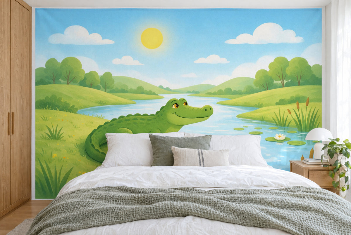Tissu imprimé XXL : crocodile souriant à gauche sur la rive de la rivière sous le soleil, mur entier derrière le lit