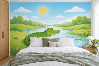 Tissu imprimé XXL : crocodile souriant à gauche sur la rive de la rivière sous le soleil, mur entier derrière le lit