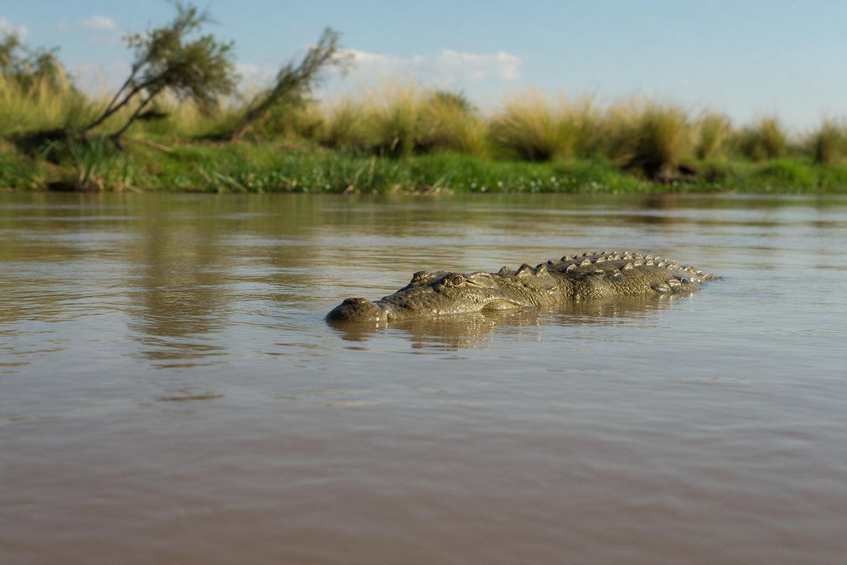 Krokodil lauert im braunen Fluss vor grünem Ufer mit Schilf und Gräsern, als Wandtuch, auf Stoff gedruckt – Grün und Braun