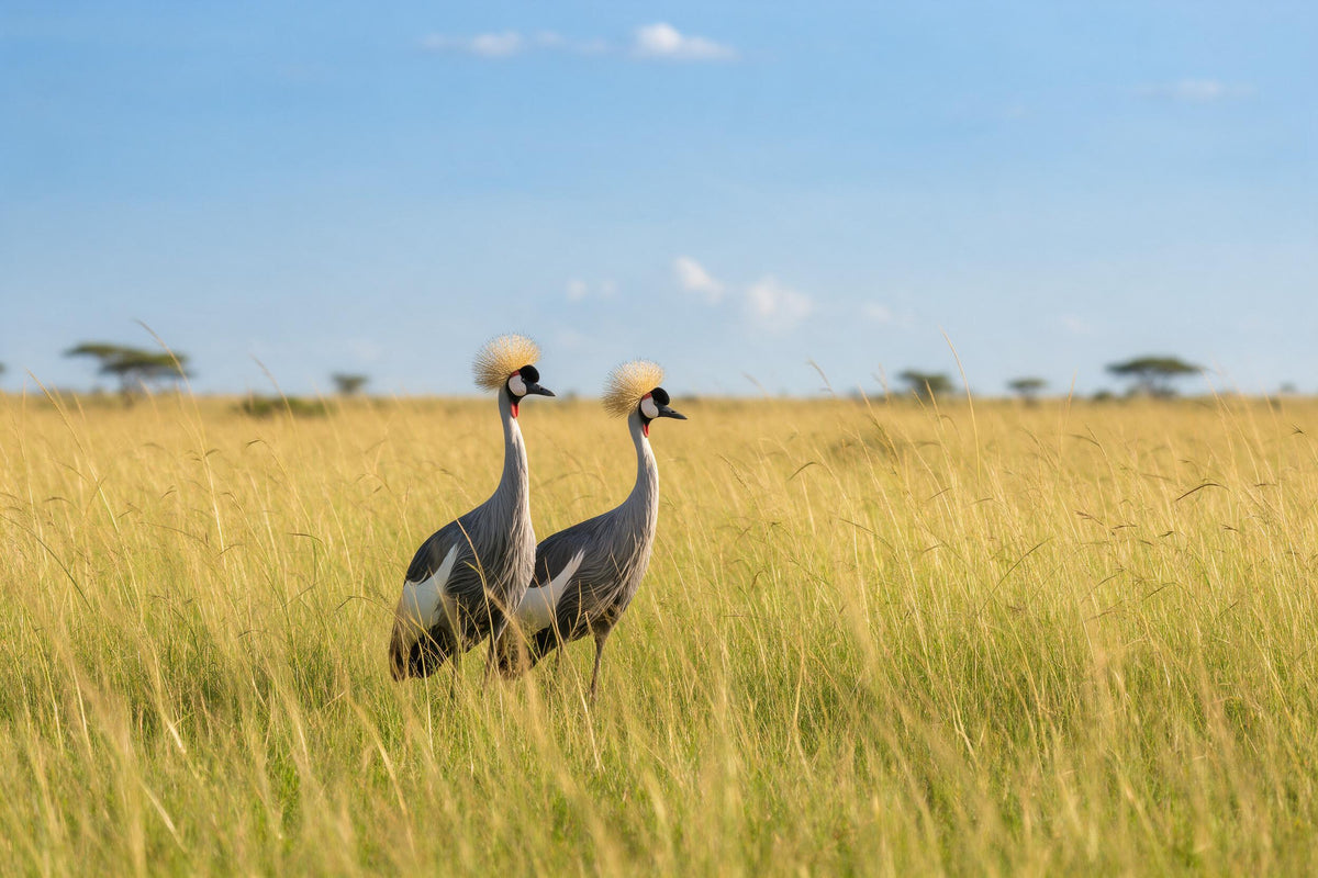 Deux grues couronnées à crête dorée dans les hautes herbes de la vaste plaine, tenture murale imprimée sur tissu – or et bleu