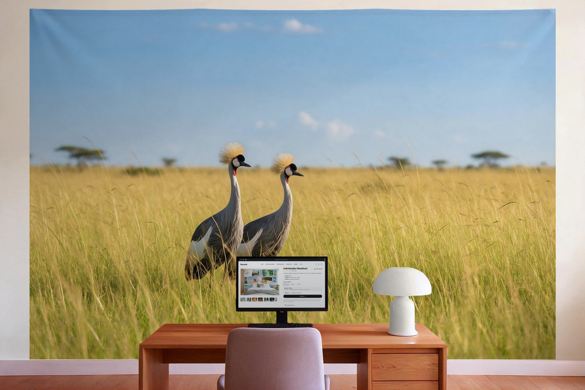 Decoración de pared en la oficina detrás del escritorio: tapiz de tela Grullas coronadas en la pradera