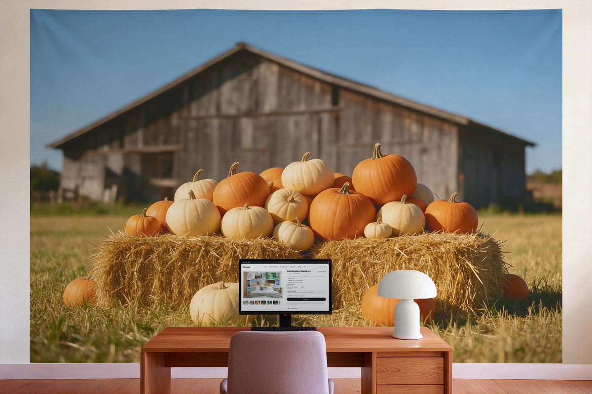Wanddeko im Büro hinter dem Schreibtisch: Wandtuch Kürbisernte im Herbst, auf Stoff gedruckt