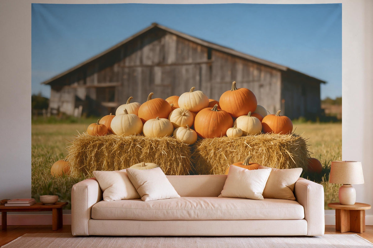 Wandtuch XXL Kürbisernte im Herbst als Wanddeko im hellen Wohnzimmer über dem Sofa