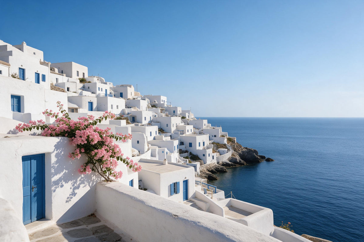Village côtier blanc en Grèce aux portes bleues au-dessus de la mer, tenture murale imprimée sur tissu – blanc et bleu