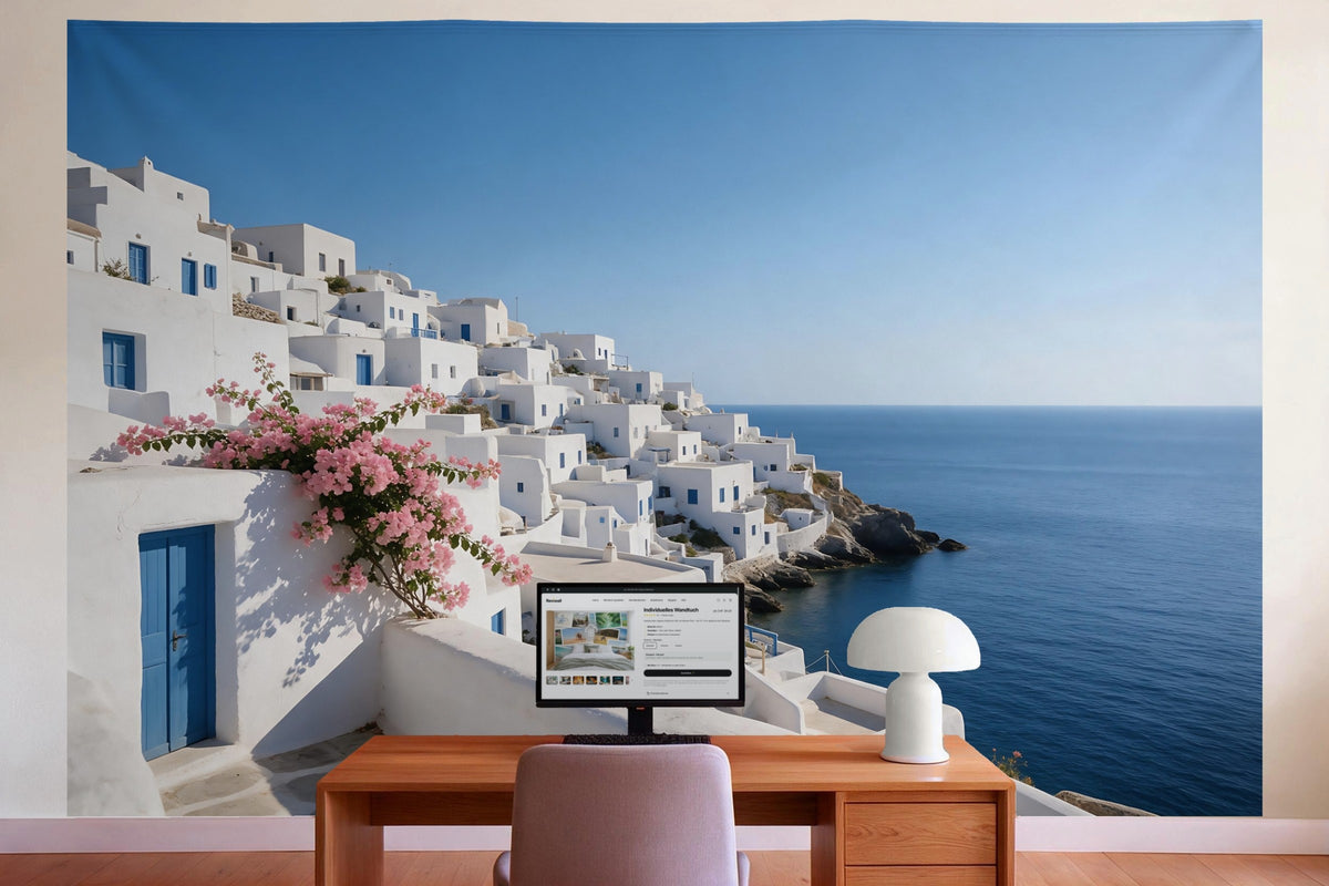 Decoración de pared en la oficina detrás del escritorio: tapiz de tela Pueblo costero blanco en Grecia