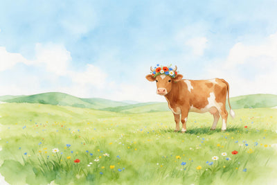 Braune Kuh mit Blumenkranz aus Mohn und Kornblumen rechts auf Sommerwiese, als Wandtuch, auf Stoff gedruckt – Grün und Blau