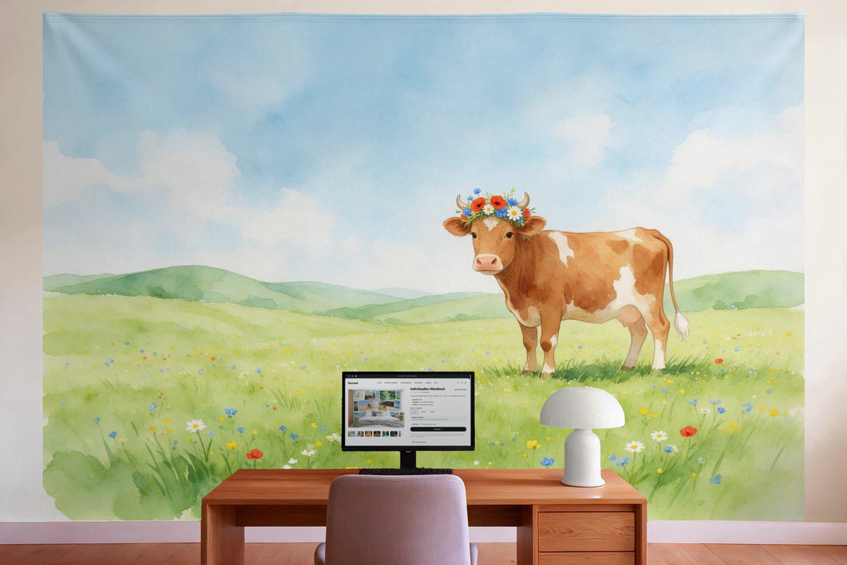 Decoración de pared en la oficina detrás del escritorio: tapiz de tela Vaca con corona de flores en la pradera