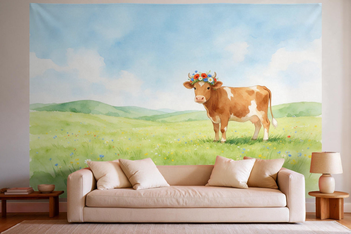Tapiz de pared XXL Vaca con corona de flores en la pradera como decoración en un salón luminoso sobre el sofá