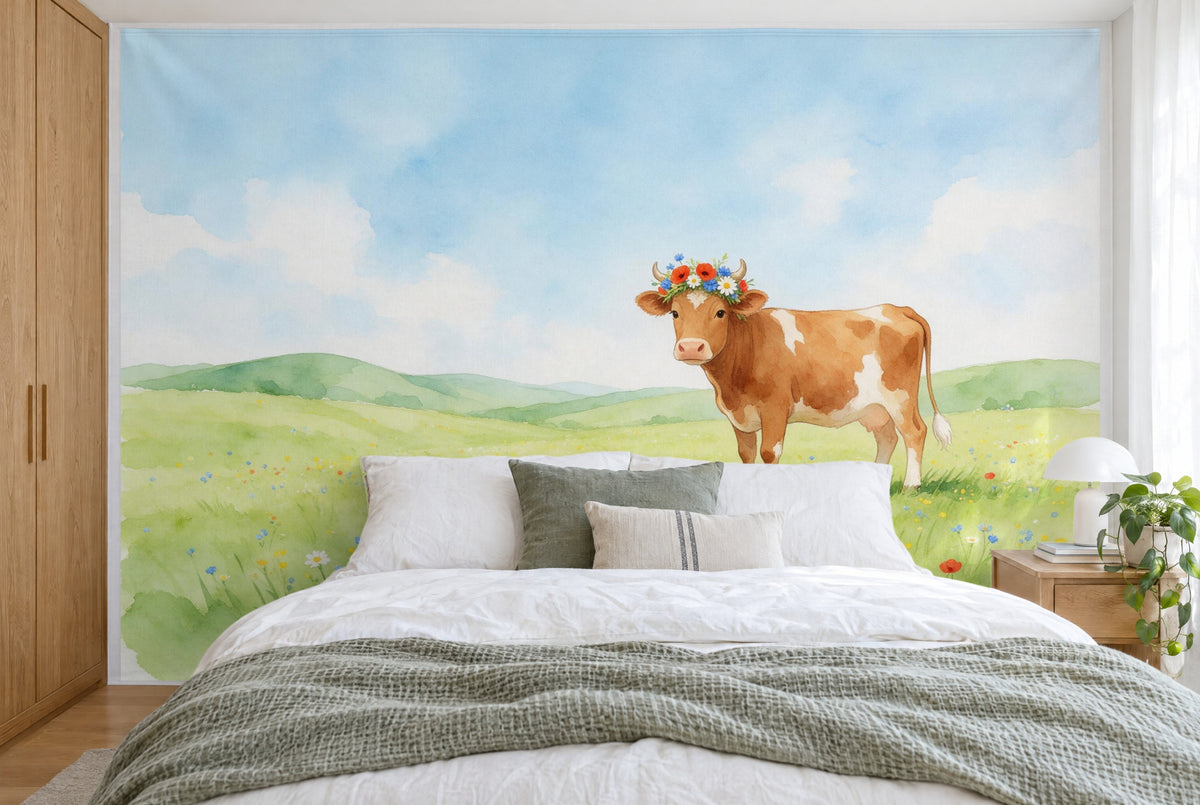 Tissu imprimé XXL : vache brune à couronne de fleurs à droite, pré, collines et ciel, mur entier derrière le lit