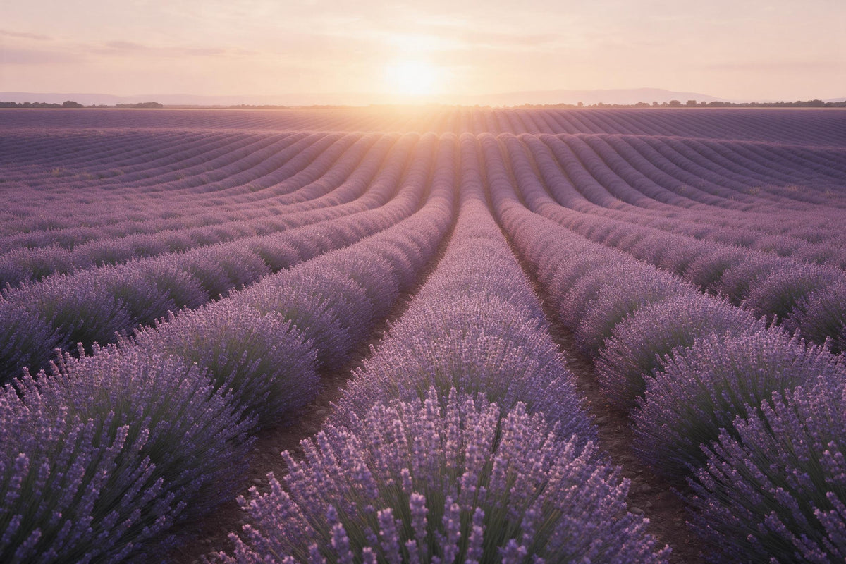 Hileras de lavanda hasta el horizonte a la luz del atardecer como tapiz impreso en tela – violeta suave y cielo dorado