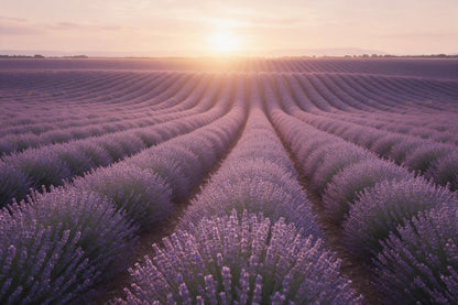 Hileras de lavanda hasta el horizonte a la luz del atardecer como tapiz impreso en tela – violeta suave y cielo dorado